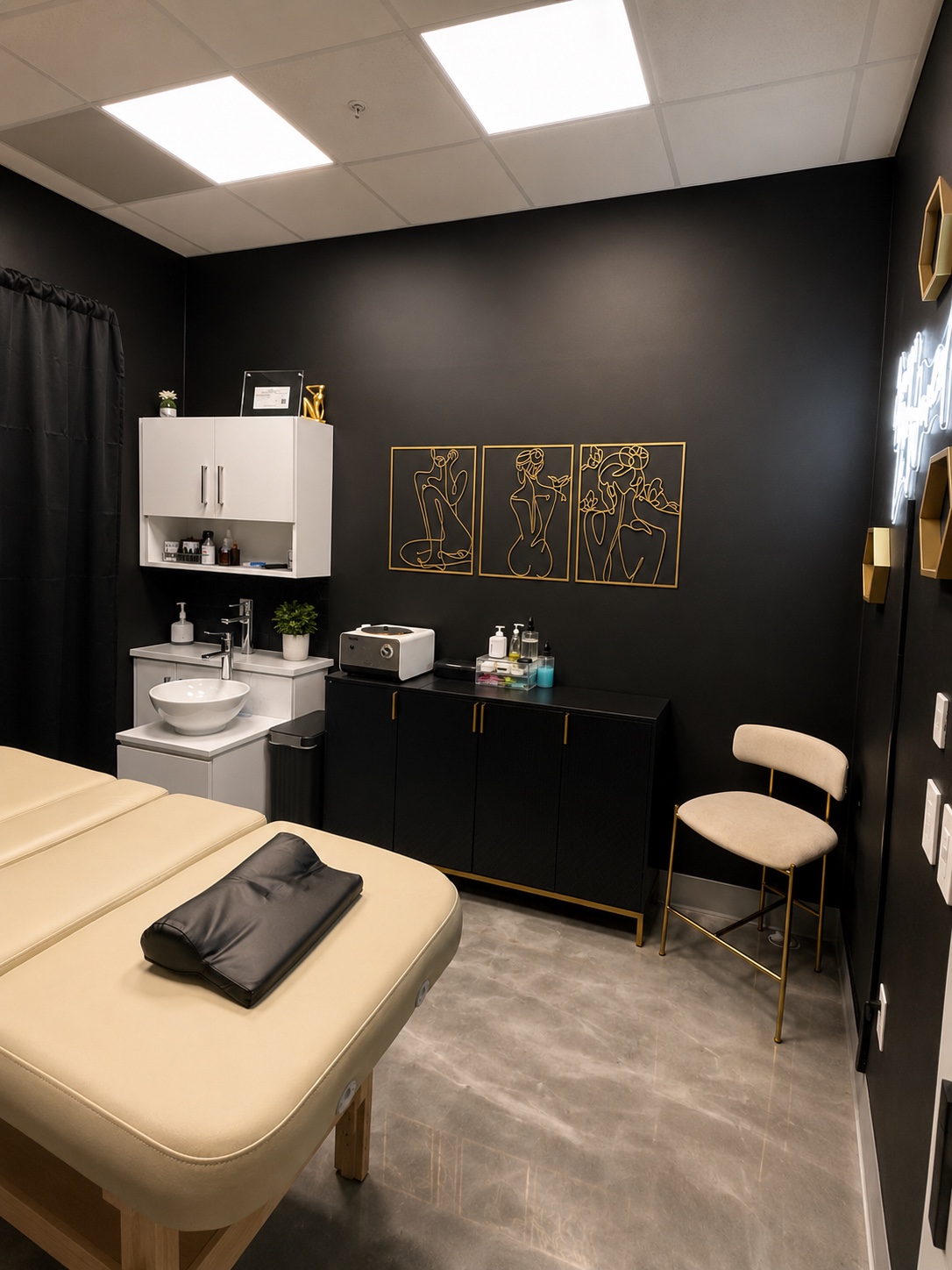 Clean black and gold treatment suite